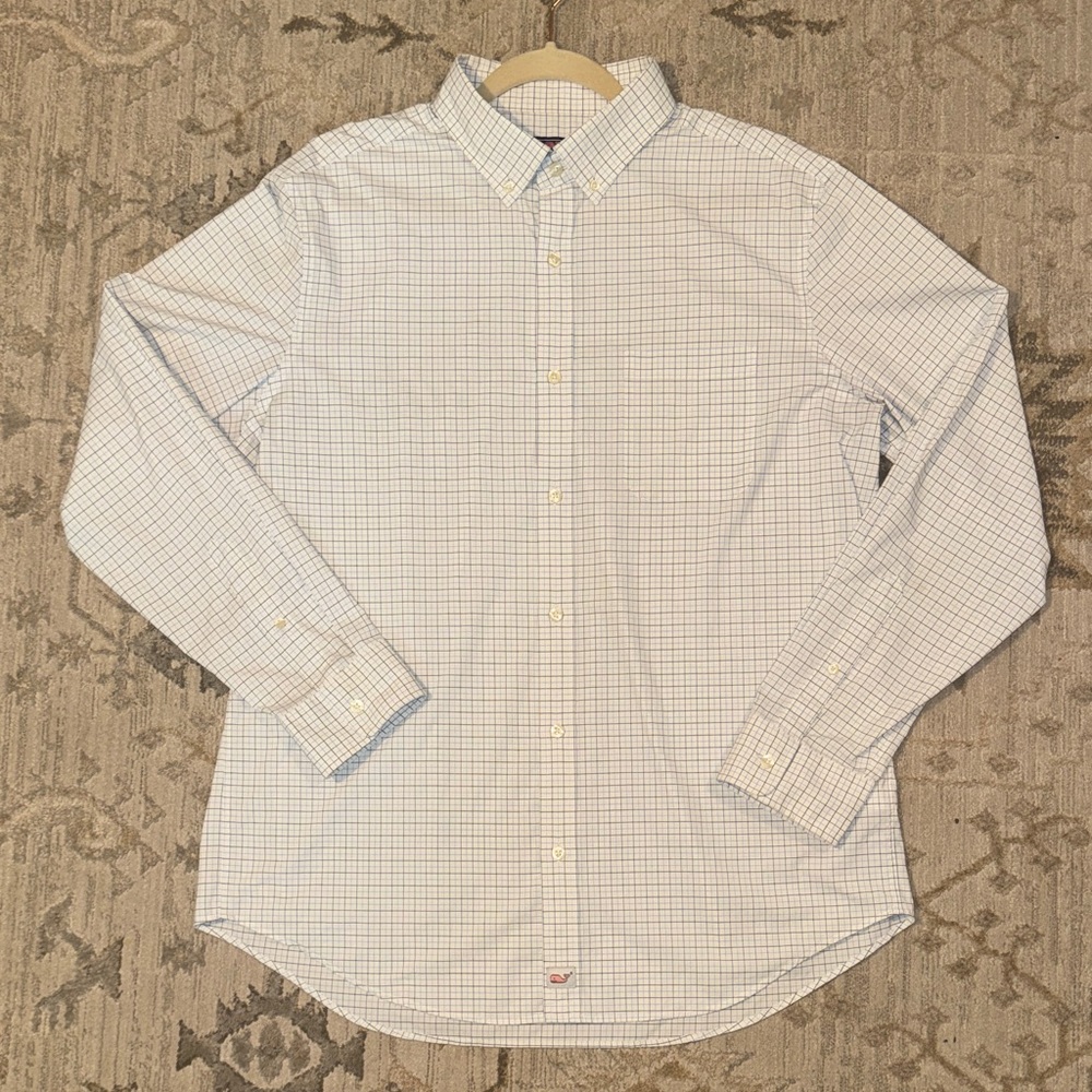 Vineyard Vines Performance White Dress Shirt with Light Blue Windowpane